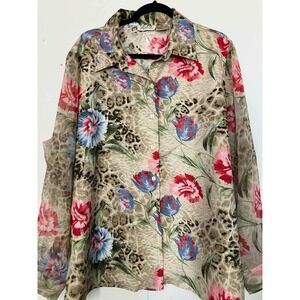 VINTAGE 2X Beige Leopard Floral Print Button Up Shirt Blouse Y2K 90S bold